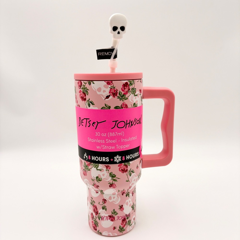 Betsey Johnson 30oz Stainless Steel Insulated Halloween Tumbler Pink Skull Rose